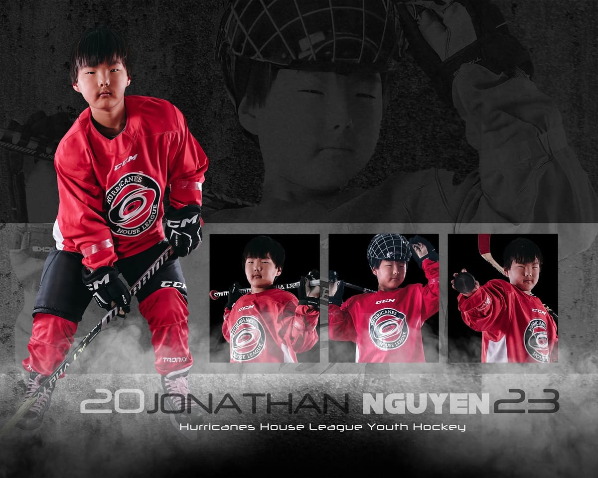 Youth hockey player in a red jersey on a graphic ice background