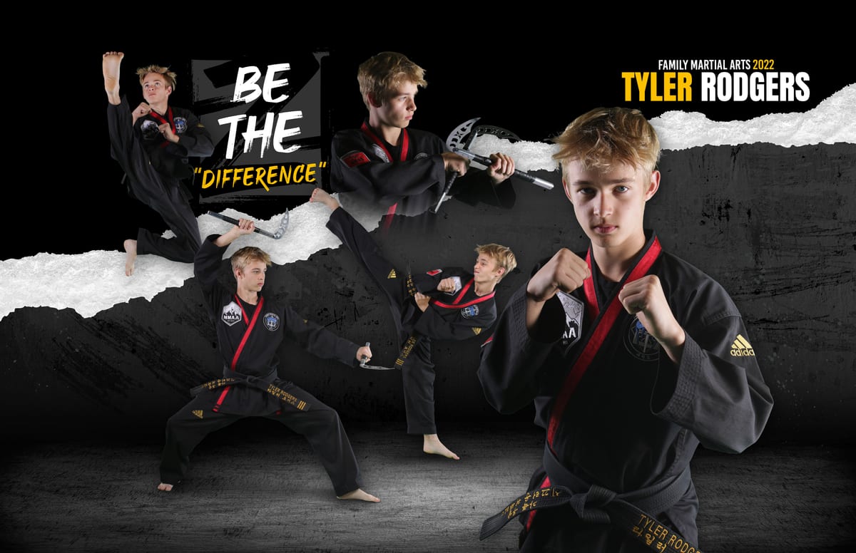 Composite sportrait of a martial artist in a black uniform with a 'Be the Difference' graphic
