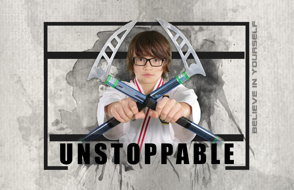 Young martial artist holding sais over a grunge background with 'Unstoppable' text